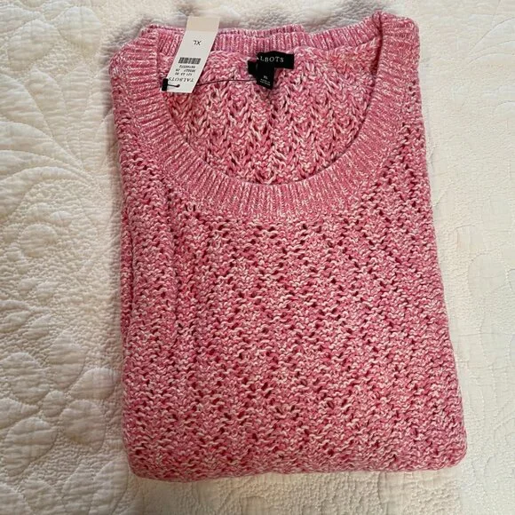 Talbots Pointelle Marl Sweater Womens XL Pink Open Knit Crew Neck long sleeve - Picture 2 of 6
